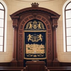 Exquisite Aron Kodesh Torah Ark: Handcrafted Solid Wood Synagogue Furniture with Embroidered Parochet for Sacred Spaces.
