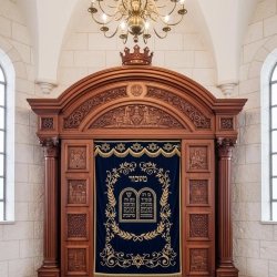 Magnificent hand-carved solid wood Aron Kodesh with velvet parochet, a testament to master furniture manufacturing.
