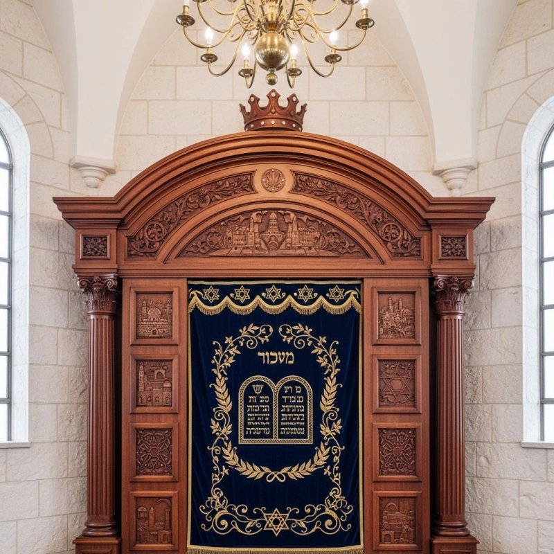 Magnificent hand-carved solid wood Aron Kodesh with velvet parochet, a testament to master furniture manufacturing. Magnificent hand-carved solid wood Aron Kodesh with velvet parochet, a testament to master furniture manufacturing.