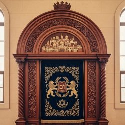 Luxurious Handcrafted Aron Kodesh: Solid Wood Holy Ark with Blue Velvet & Gold Menorah for a Reverent Synagogue Sanctuary.
