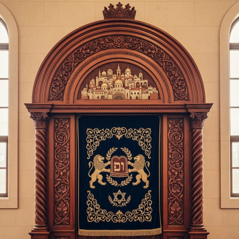 Luxurious Handcrafted Aron Kodesh: Solid Wood Holy Ark with Blue Velvet & Gold Menorah for a Reverent Synagogue Sanctuary. Luxurious Handcrafted Aron Kodesh: Solid Wood Holy Ark with Blue Velvet & Gold Menorah for a Reverent Synagogue Sanctuary.