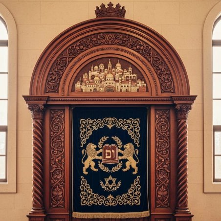 Luxurious Handcrafted Aron Kodesh: Solid Wood Holy Ark with Blue Velvet & Gold Menorah for a Reverent Synagogue Sanctuary.