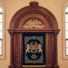 Luxurious Handcrafted Aron Kodesh: Solid Wood Holy Ark with Blue Velvet & Gold Menorah for a Reverent Synagogue Sanctuary.