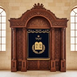 Handcrafted Aron Kodesh: exquisite wood carvings, deep blue velvet menorah curtain, premium synagogue furniture manufacturing.