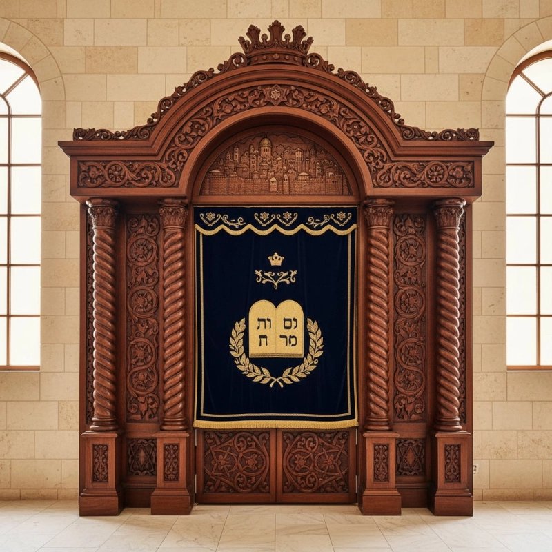 Handcrafted Aron Kodesh: exquisite wood carvings, deep blue velvet menorah curtain, premium synagogue furniture manufacturing. Handcrafted Aron Kodesh: exquisite wood carvings, deep blue velvet menorah curtain, premium synagogue furniture manufacturing.
