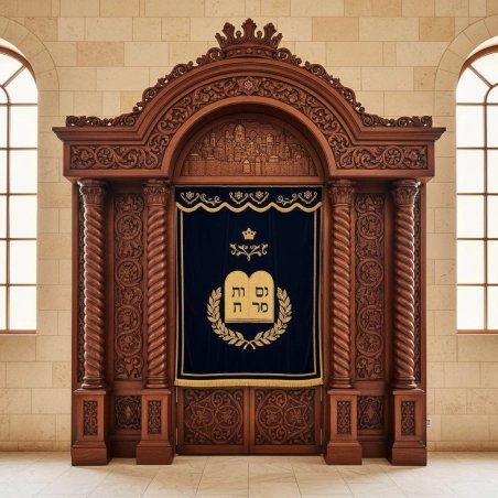 Handcrafted Aron Kodesh: exquisite wood carvings, deep blue velvet menorah curtain, premium synagogue furniture manufacturing.