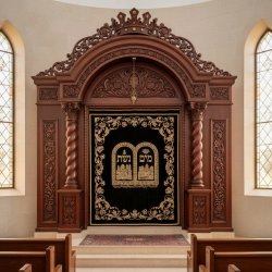 Exquisite hand-carved wooden Aron Kodesh with gold-embroidered velvet, reflecting premium synagogue furniture manufacturing.