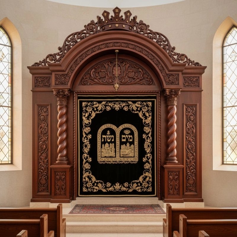 Exquisite hand-carved wooden Aron Kodesh with gold-embroidered velvet, reflecting premium synagogue furniture manufacturing. Exquisite hand-carved wooden Aron Kodesh with gold-embroidered velvet, reflecting premium synagogue furniture manufacturing.