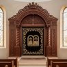 Exquisite hand-carved wooden Aron Kodesh with gold-embroidered velvet, reflecting premium synagogue furniture manufacturing.