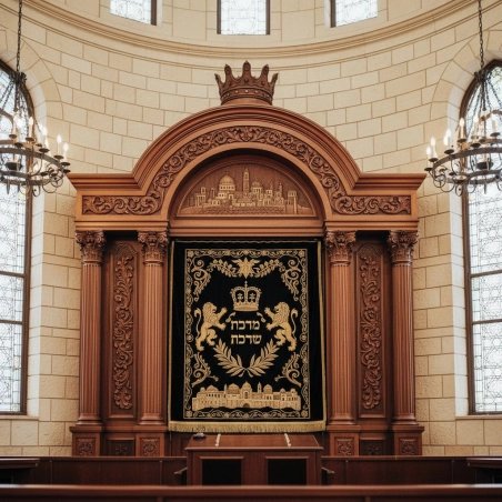 Artisanal Solid Wood Aron Kodesh - Premium Hand-Carved Synagogue Torah Ark with Velvet Embroidery.
