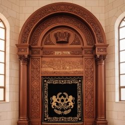 Ornate Hand-Carved Solid Wood Aron Kodesh with Velvet Jerusalem Parochet, a testament to master furniture manufacturing.