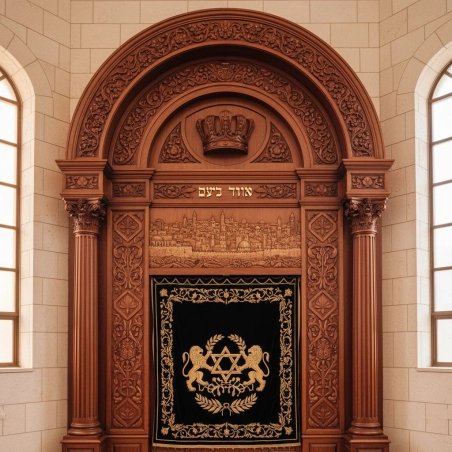 Ornate Hand-Carved Solid Wood Aron Kodesh with Velvet Jerusalem Parochet, a testament to master furniture manufacturing.