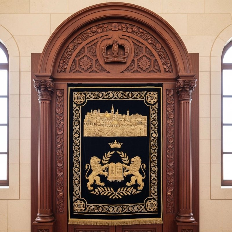 Elegantly hand-carved Aron Kodesh: premium synagogue furniture craftsmanship and manufacturing quality. Elegantly hand-carved Aron Kodesh: premium synagogue furniture craftsmanship and manufacturing quality.