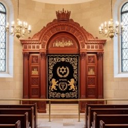 Premium hand-carved Aron Kodesh, rich solid wood, deep blue velvet, expertly manufactured for synagogue sanctuaries.