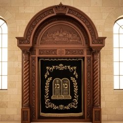 Exquisite hand-carved solid wood Aron Kodesh, a masterpiece of synagogue furniture craftsmanship.