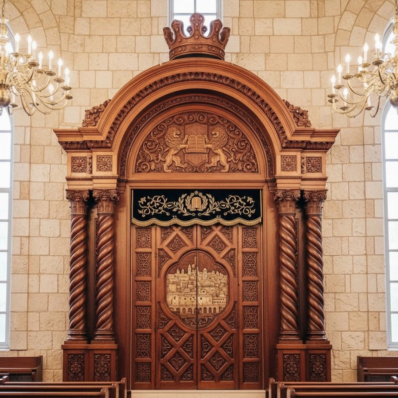Exquisitely manufactured Aron Kodesh, featuring premium wood and ornate embroidery, perfect for synagogue sanctuaries. Exquisitely manufactured Aron Kodesh, featuring premium wood and ornate embroidery, perfect for synagogue sanctuaries.