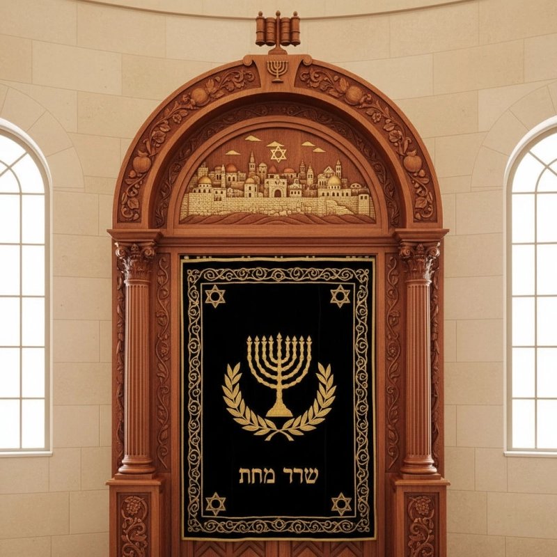 Exquisite Hand-Carved Aron Kodesh, a masterpiece of synagogue furniture with gold embroidered velvet and rich hardwood details.