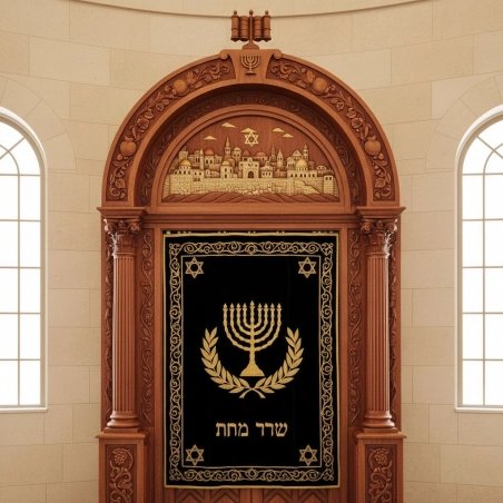 Exquisite Hand-Carved Aron Kodesh, a masterpiece of synagogue furniture with gold embroidered velvet and rich hardwood details.