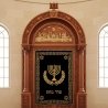 Exquisite Hand-Carved Aron Kodesh, a masterpiece of synagogue furniture with gold embroidered velvet and rich hardwood details.