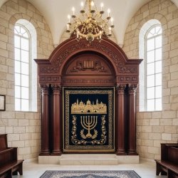 Premium hand-carved solid hardwood Aron Kodesh, a masterpiece of synagogue furniture by a leading manufacturer.