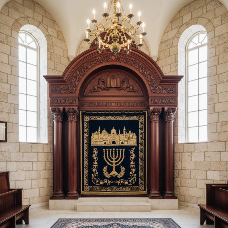 Premium hand-carved solid hardwood Aron Kodesh, a masterpiece of synagogue furniture by a leading manufacturer.