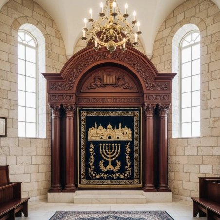 Premium hand-carved solid hardwood Aron Kodesh, a masterpiece of synagogue furniture by a leading manufacturer.