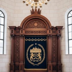 Exquisite Aron Kodesh: Artisanal Carved Woodwork with Luxurious Embroidered Velvet Curtain for Synagogue Sanctuary.
