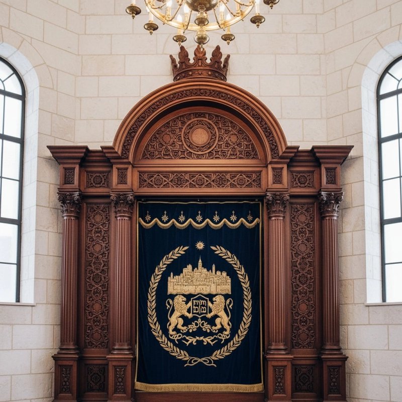Exquisite Aron Kodesh: Artisanal Carved Woodwork with Luxurious Embroidered Velvet Curtain for Synagogue Sanctuary. Exquisite Aron Kodesh: Artisanal Carved Woodwork with Luxurious Embroidered Velvet Curtain for Synagogue Sanctuary.