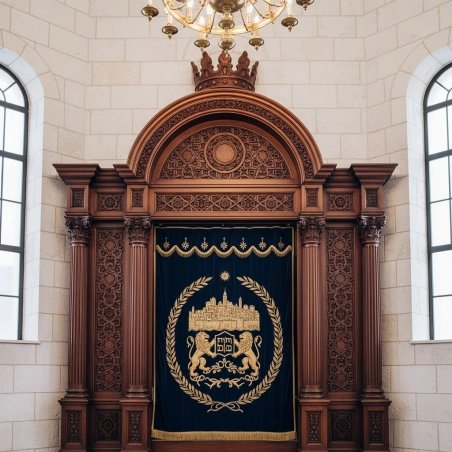 Exquisite Aron Kodesh: Artisanal Carved Woodwork with Luxurious Embroidered Velvet Curtain for Synagogue Sanctuary.