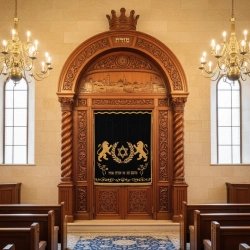 Stunning Hand-Carved Aron Kodesh with Jerusalem and Lion of Judah Velvet Embroidery, Premium Synagogue Furniture.