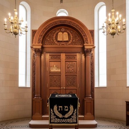 Hand-carved Aron Kodesh, premium synagogue furniture, traditional Holy Ark design by leading furniture manufacturers.