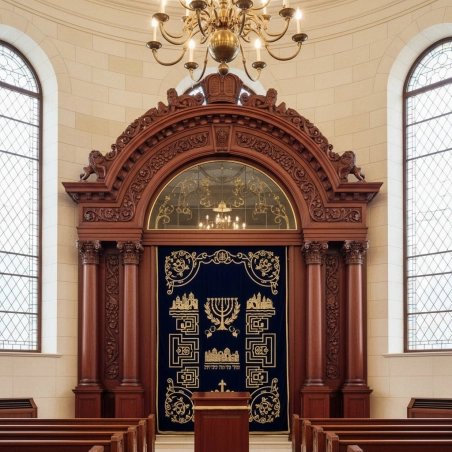 Premium Hand-Carved Aron Kodesh with 'Keter Torah' Embroidered Ark Curtain - Synagogue Furniture