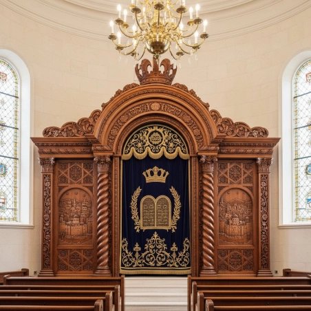 Masterfully crafted Aron Kodesh for synagogues, featuring exquisite solid wood carving and superior manufacturing quality.