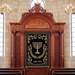 Majestic Hand-Carved Aron Kodesh with Embroidered Royal Blue Parochet for Synagogues, Premium Furniture Manufacturing.