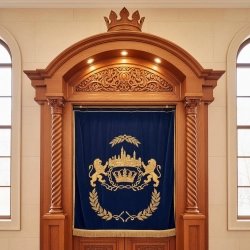 Grand Hand-Carved Wooden Aron Kodesh with Embroidered Velvet Curtain for Synagogues | Premium Furniture Manufacturing.