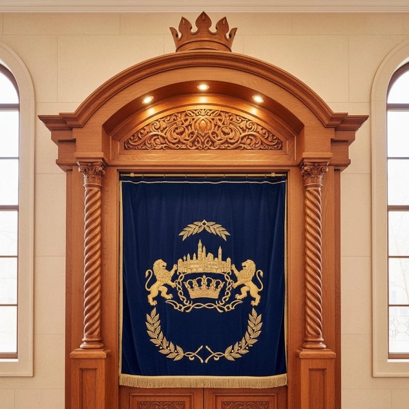 Grand Hand-Carved Wooden Aron Kodesh with Embroidered Velvet Curtain for Synagogues | Premium Furniture Manufacturing. Grand Hand-Carved Wooden Aron Kodesh with Embroidered Velvet Curtain for Synagogues | Premium Furniture Manufacturing.