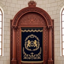 Artisan-crafted solid wood Aron Kodesh Holy Ark, a masterpiece of synagogue furniture design and manufacturing.
