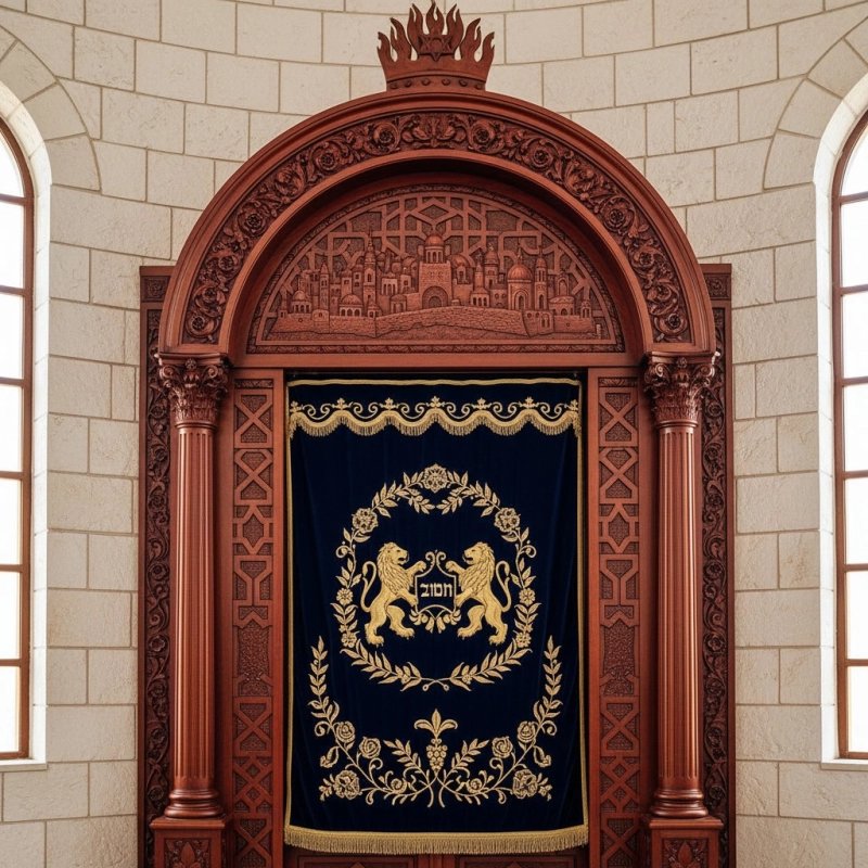 Artisan-crafted solid wood Aron Kodesh Holy Ark, a masterpiece of synagogue furniture design and manufacturing.
