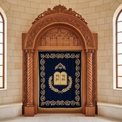 Premium hand-carved hardwood Aron Kodesh with embroidered velvet parochet. Exquisite synagogue furniture by top manufacturer.