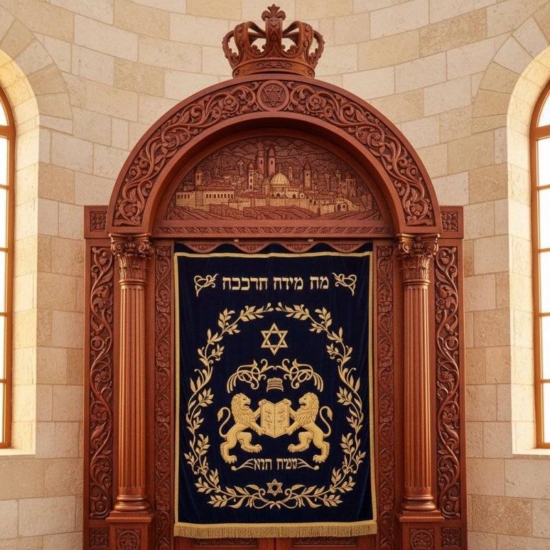 Majestic Aron Kodesh: Handcrafted Dark Brown Wood with Golden Menorah Embroidery, Premium Synagogue Furniture. Majestic Aron Kodesh: Handcrafted Dark Brown Wood with Golden Menorah Embroidery, Premium Synagogue Furniture.