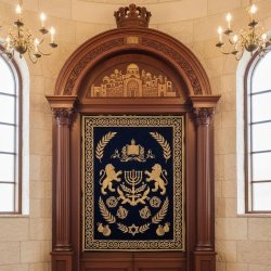 Premium Aron Kodesh: Hand-carved solid hardwood synagogue ark with Jerusalem relief and embroidered velvet parochet.