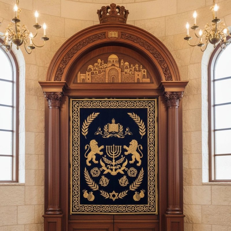 Premium Aron Kodesh: Hand-carved solid hardwood synagogue ark with Jerusalem relief and embroidered velvet parochet. Premium Aron Kodesh: Hand-carved solid hardwood synagogue ark with Jerusalem relief and embroidered velvet parochet.
