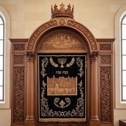 Mastercrafted Aron Kodesh with intricate wood carvings and luxurious embroidered sapphire parochet for sacred synagogue spaces.