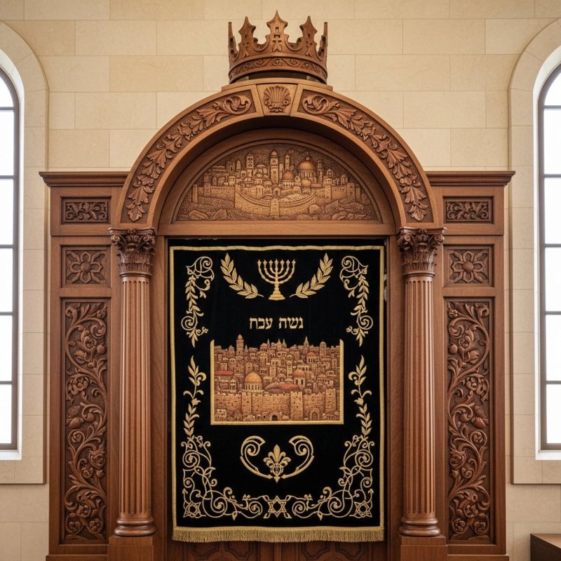 Mastercrafted Aron Kodesh with intricate wood carvings and luxurious embroidered sapphire parochet for sacred synagogue spaces. Mastercrafted Aron Kodesh with intricate wood carvings and luxurious embroidered sapphire parochet for sacred synagogue spaces.