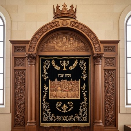 Mastercrafted Aron Kodesh with intricate wood carvings and luxurious embroidered sapphire parochet for sacred synagogue spaces.