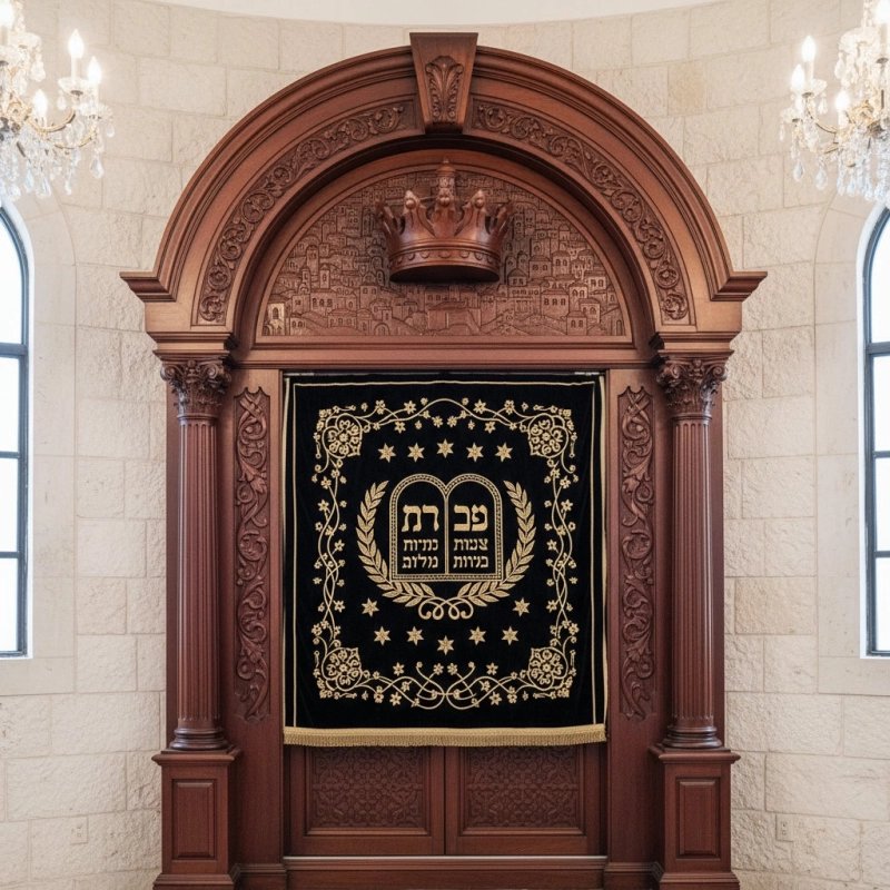 Elegant Aron Kodesh: Hand-Carved Solid Wood Synagogue Ark with Embroidered Velvet Curtain - Premium Quality Sacred Furniture. Elegant Aron Kodesh: Hand-Carved Solid Wood Synagogue Ark with Embroidered Velvet Curtain - Premium Quality Sacred Furniture.