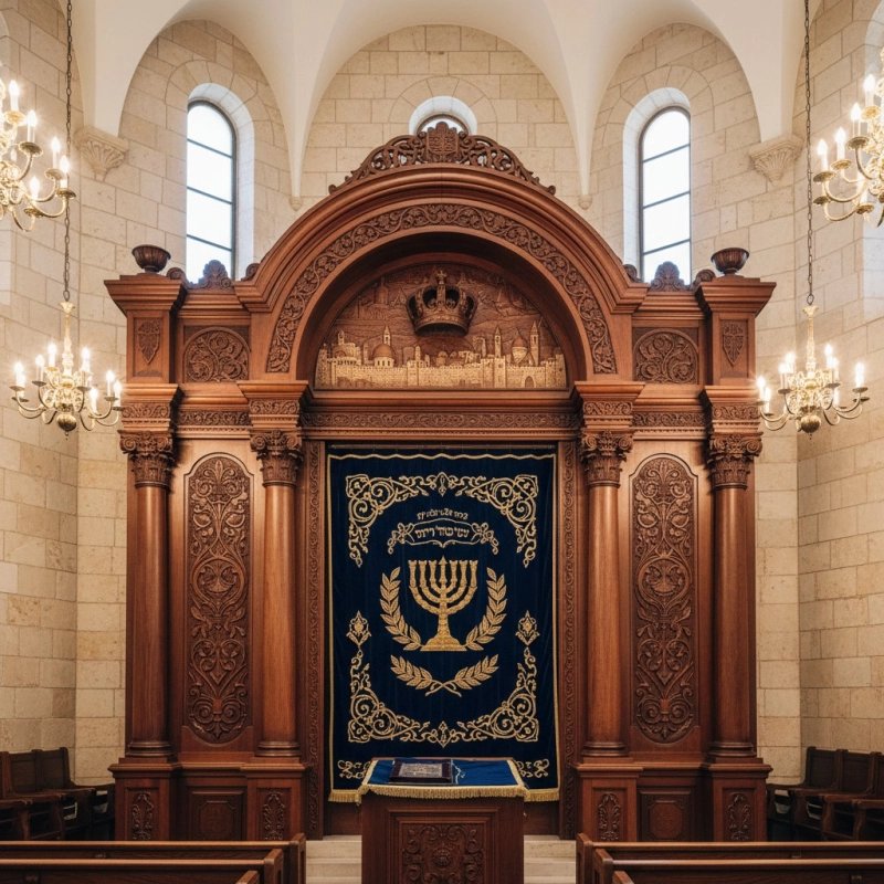 Ornate Aron Kodesh with Crown & Menorah Embroidery | Premium Synagogue Furniture by Skilled Manufacturers Ornate Aron Kodesh with Crown & Menorah Embroidery | Premium Synagogue Furniture by Skilled Manufacturers