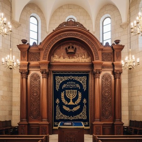 Ornate Aron Kodesh with Crown & Menorah Embroidery | Premium Synagogue Furniture by Skilled Manufacturers