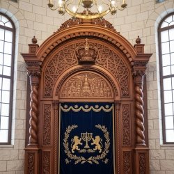 Exquisite Aron Kodesh: Handcrafted wood, intricate carvings, and luxurious blue velvet parochet.