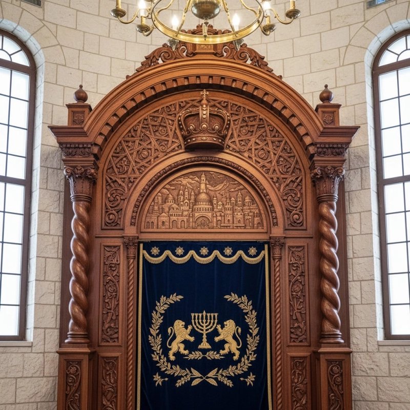 Exquisite Aron Kodesh: Handcrafted wood, intricate carvings, and luxurious blue velvet parochet. Exquisite Aron Kodesh: Handcrafted wood, intricate carvings, and luxurious blue velvet parochet.